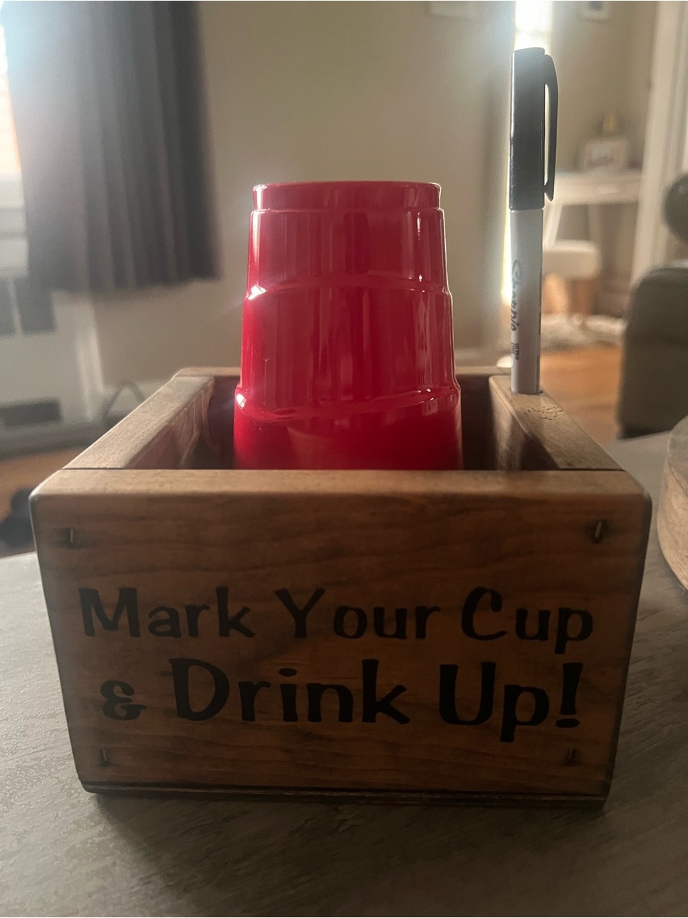 Party cup holder, spot for marker also, great for cook outs, barbecues, camping